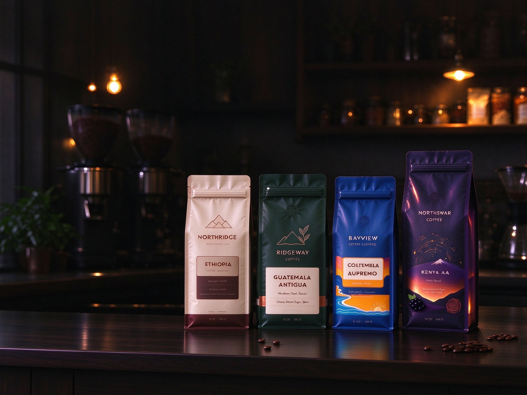 Four custom printed coffee bean bags in a warmly lit coffee shop