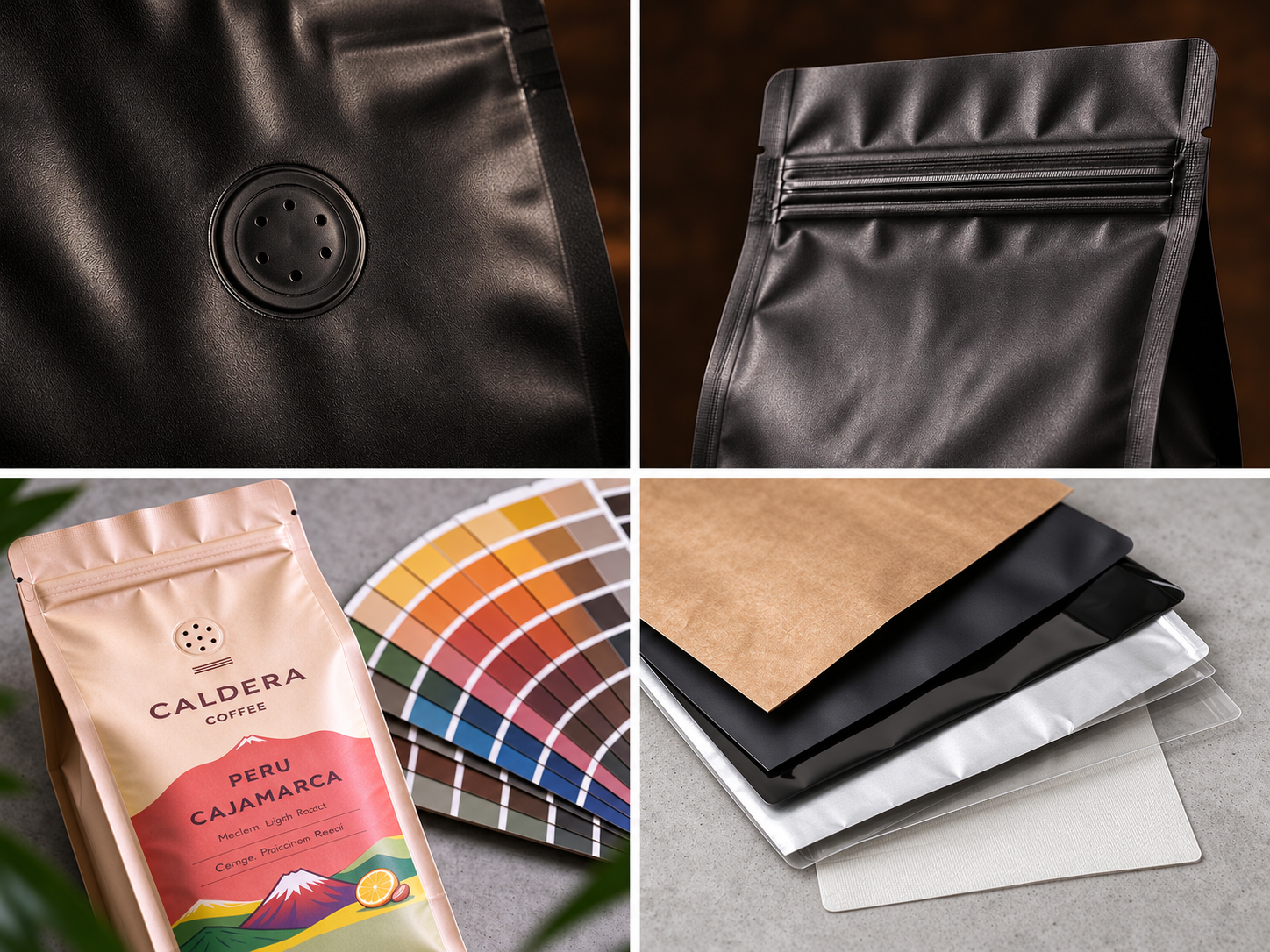 Coffee packaging details: degassing valve, resealable zipper, custom printing and material finishes